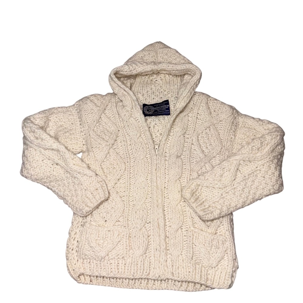 Native American Otavalo Kids Wool Cable Knit Zip Up Hoodie Sweater Cream size 5T